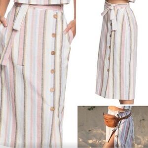 ROXY Linen Cotton Blend Striped Tie Waist With Pockets Small